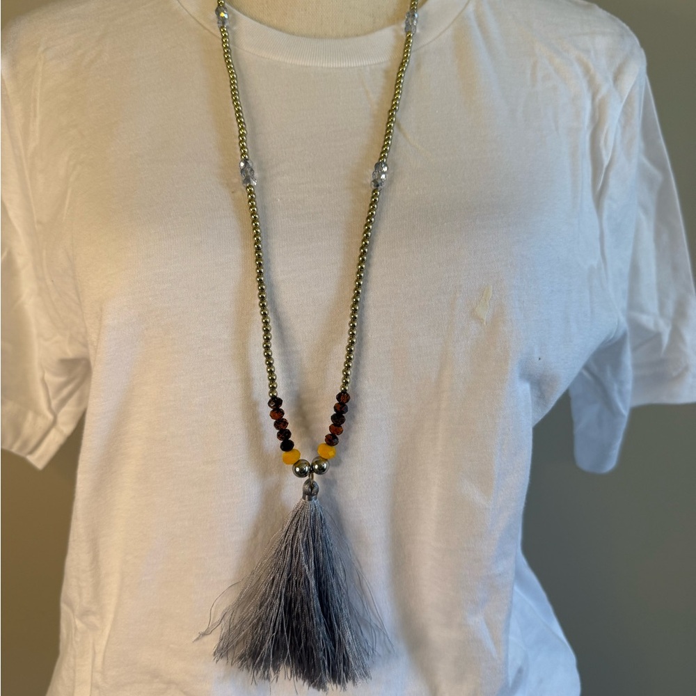 Source Unknown Gold and Gray Tassel Necklace